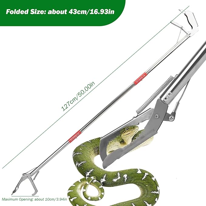 Snake Grabber Tool, 50" 3 Sections Snake Grabber, Stainless Steel Snake Tongs with Serrated Tooth, Collapsible Portable Snack Stick for EEL, Fish, Reptile