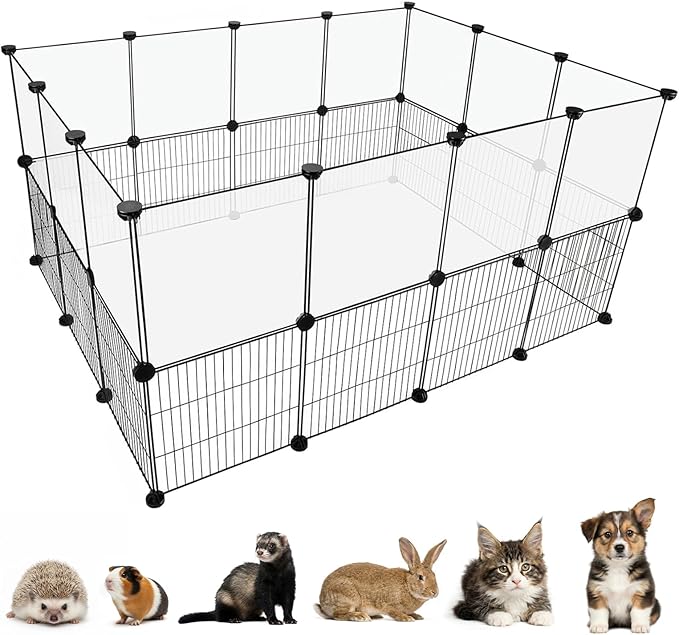 Pet Playpen Indoor, Transparent Clear + Wire Small Animal Playpen, 28 Panels (11.8") DIY Plastic Enclosure, Expandable Pet Fence Indoor for Guinea Pigs, Bunny, Hamsters, Hedgehogs, Puppies & Kittens