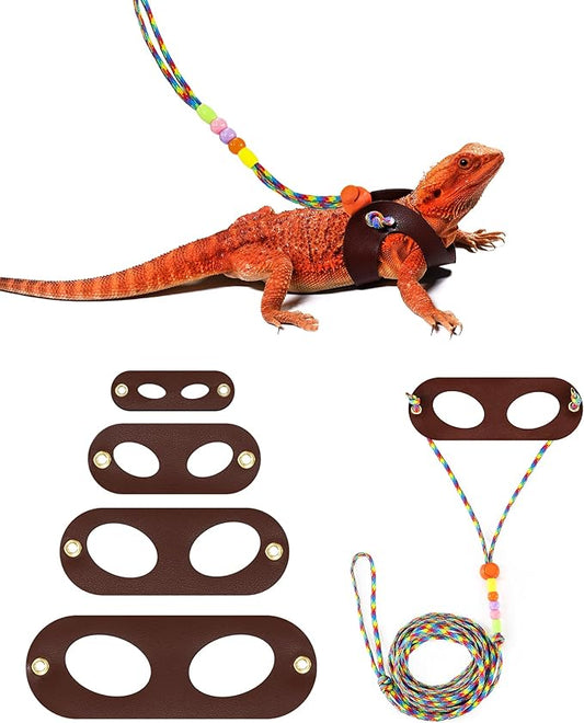 LIKZINWA Bearded Dragon Lizard Leash Harness,4 Size Pack Adjustable Small Animal Harness for Reptile and Small pet (Brown)
