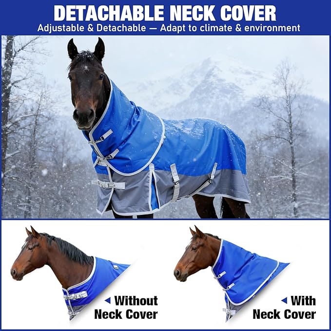 Horse Blankets Winter for Real Horses, 1600D Waterproof Poly Rain Sheets 72 in with Neck Cover Belly Wrap Tail Wrap Turnout Blanket, Stuff Care Medium Large Weight Heavy Outdoor Clothes Blue Grey