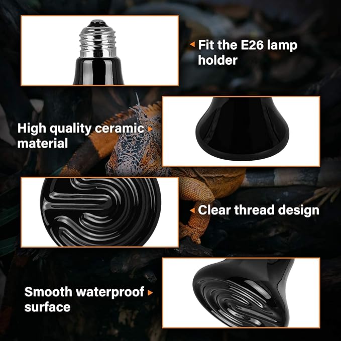 Simple Deluxe 25W/40W/50W/150W/250W Ceramic Heat Emitter Reptile Heat Lamp Bulb No Light Emitting Brooder Coop Heater for Amphibian Pet & Incubating Chicken, 50W(Mini), Black/2-Pack