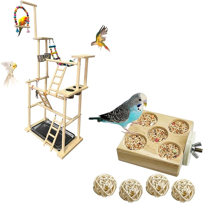 Hamiledyi Natural Wood Bird Playground Stand with 4 Large Layers - Exercise Perch and Wooden Foraging Puzzle Toys