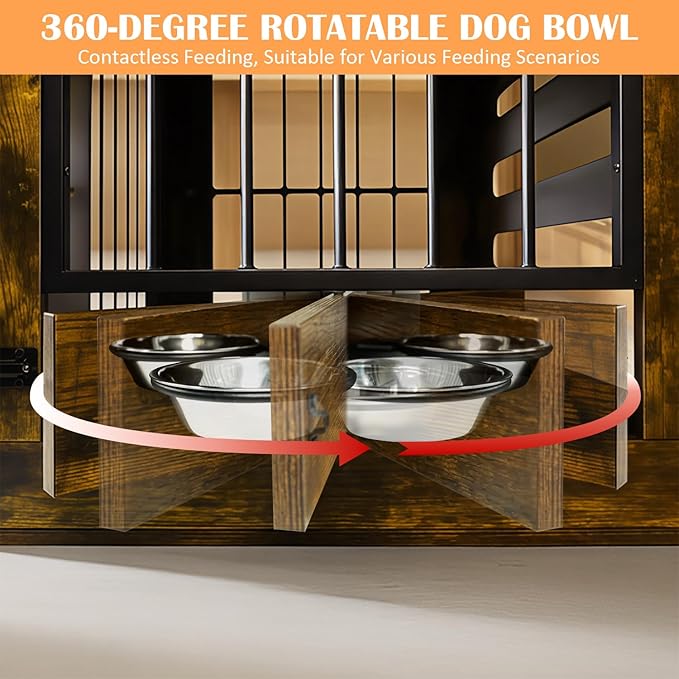 Dog Crate Furniture for Small Medium Dogs, Heavy Duty Wood Metal Indoor Dog Kennel with Bowls, Decorative Pet Cage Dog House as TV Stand, Brown