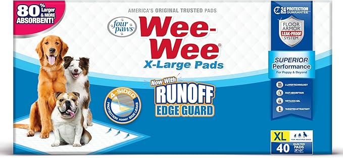 Four Paws Wee-Wee Superior Performance Unscented Extra-Large Pee Pads for Dogs & Puppies, Quilted Leak-Proof Dog Housebreaking Potty Training Floor Protection, 28" x 34", 21 Count