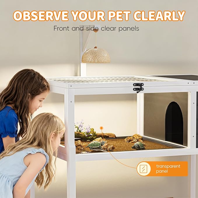 Reptile Habitat Tortoise House with Lamp Holder, Large Observation Window, 2 Waterproof Tray, Detachable Legs, Easy to Clean Wooden Enclosure for Turtles, Lizards, Geckos, and Small Pets Indoor Outdoo