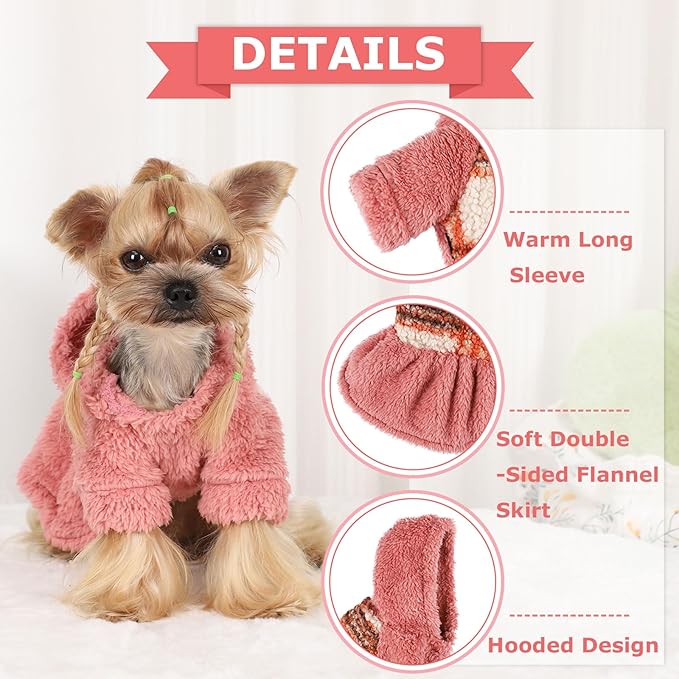 DaFuEn Dog Sweater,Dog Dress, Dog Sweaters Dresses for Small Dogs,Cute Warm Fleece Hooded Sweater for Small Dogs, Plaid Puppy Dresses Clothes Chihuahua Yorkie Cat Apparel （A-Pink,S