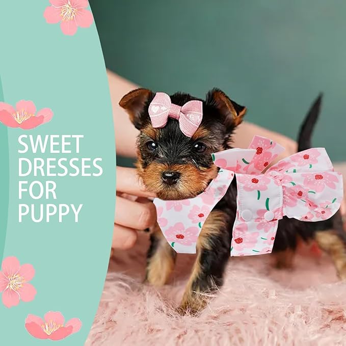 Dog Dress Bowknot Harness Leash Set for Small Girl Dogs Pink Floral Dog Cat Clothes Cute Puppy Outfits Pet Clothes Spring Summer Breathable Dresses(Medium)