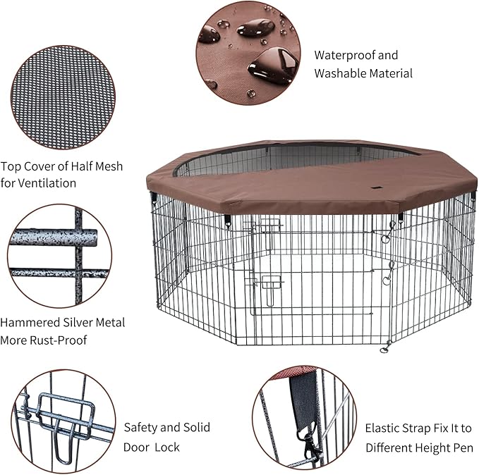 NEZUC Foldable Metal Dog Exercise Playpen Gate Fence Dog Crate 8 Panels 24 Inch Height Puppy Kennels with Top Cover/Bottom Pad for Animals Outdoor Indoor (Playpen+Top Cover, Brown, 36" H)