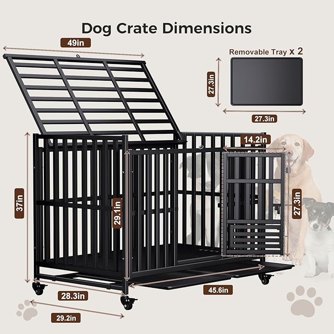 Heavy Duty Dog Crate, Escape-Proof Indestructible Cage for High-Anxiety Dogs, 3-Door Kennel with 4 Lockable Wheels and 2 Removable Trays Ideal for Large & Medium Breeds (49in)