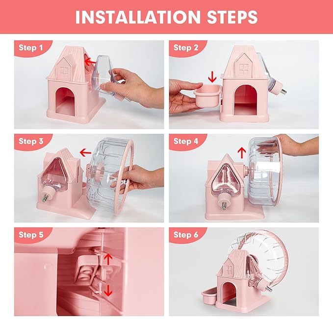 Hamster Toys 4 in 1 Multifunctional Super-Silent Exercise Toys Spinner Wheels with Water Bottle Food Container and Hideout Base Large Spinning Running Wheel for Rat Gerbils Mice (L,Pink)