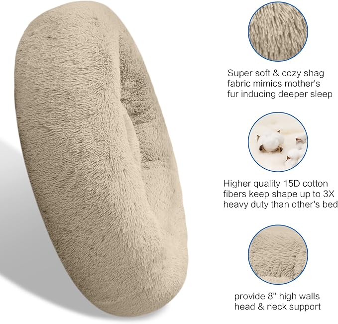 SAVFOX 54 inches Calming Donut Dog Bed - 3X Durable Plush Faux Fur, Machine Washable & Non-Slip, Fits up to 210 lbs, Removable Cover, Beige