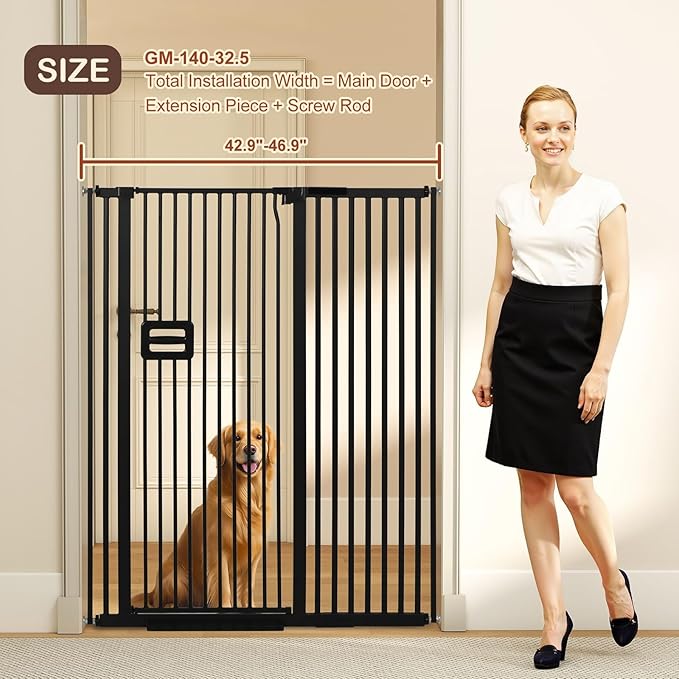 SMONTER 55" High Extra Tall Baby Gate, Safety Cat Gate for Doorways, Expands to 42.9"-46.9" Wide, Auto Close Dog Gate, No Drilling Pressure Mounted Cat Fence, Pet Gate Indoor for Stairs, Black