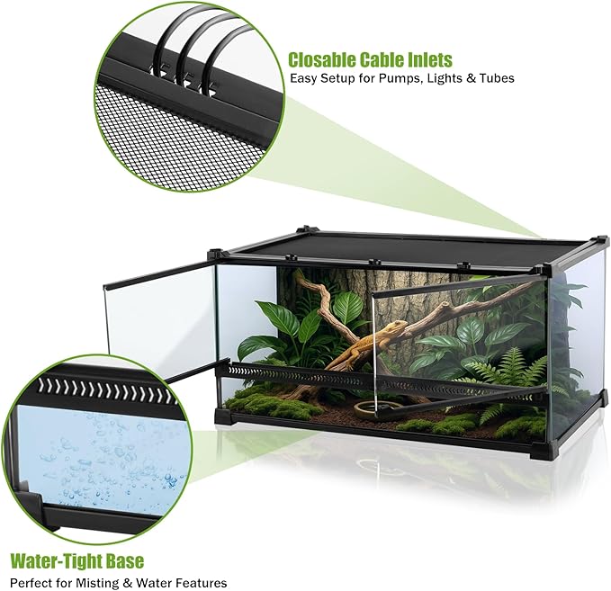 Reptile Terrarium 20"x12"x10", Full Glass Tank Enclosure for Small Reptiles, Geckos, Frogs, Lizards, Snakes, Spiders, Turtles, Rainforest Terrarium Habitat