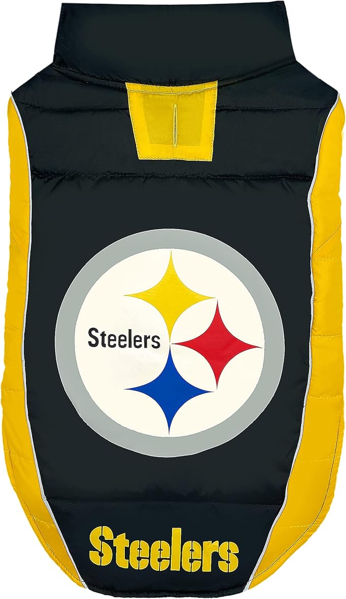 NFL Pittsburgh Steelers Puffer Vest for Dogs & Cats, Size Small. Warm, Cozy, and Waterproof Dog Coat, for Small and Large Dogs/Cats. Best NFL Licensed PET Warming Sports Jacket