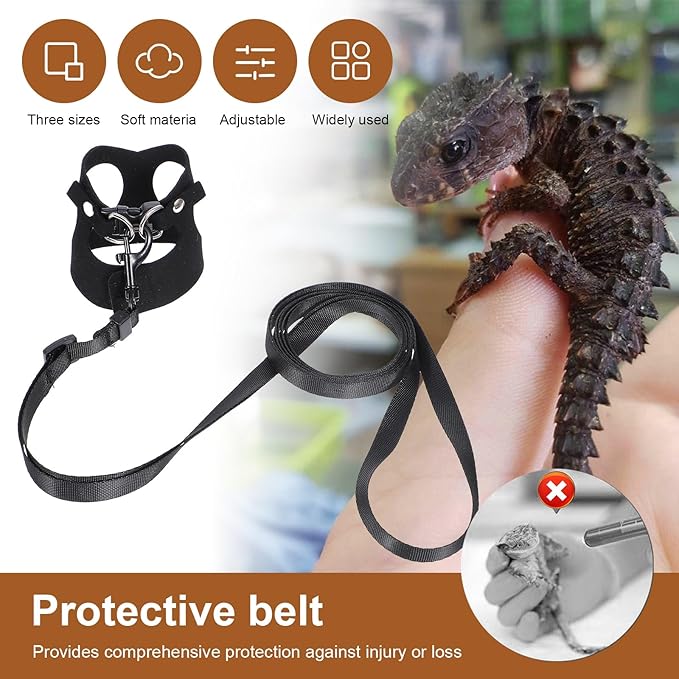 3 Pack Bearded Dragon Harness and Leash Set, Adjustable Nylon Bearded Dragon Accessories with 3 Sizes Vests, 6.56ft Lead for Reptile Training & Walking Accessories(Black)