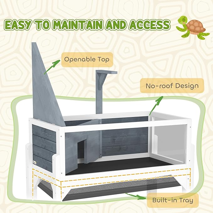 PawHut Tortoise Habitat with Storage Shelf, Wooden Tortoise Enclosure with Clear Windows, Lamp Holder, Openable Top, Built-in Tray, Reptile Cage for Indoor Outdoor Use, Gray