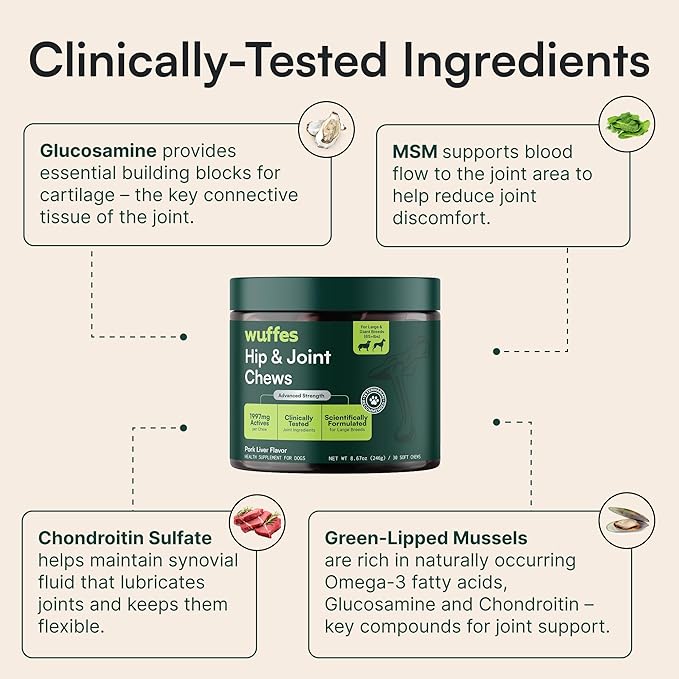 Wuffes Chewable Dog Hip & Joint Supplement - Glucosamine & Chondroitin Chews - Dog Joint Supplements & Vitamins - Extended Joint Care (Large Breed (Over 65 lbs), 60 Chews (Pack of 2))
