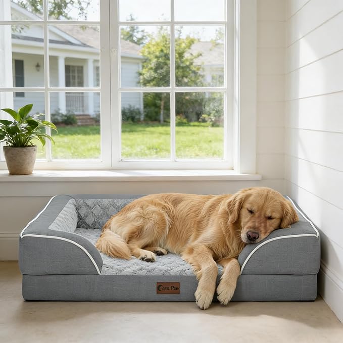 Orthopedic XL Dog Beds, Waterproof Memory Foam Big Bolster Pet Bed for Extra Large Sized Dogs 45x35Inch, Non-Slip Bottom and Egg-Crate Foam Dog Couch Bed with Washable Removable Cover, Grey