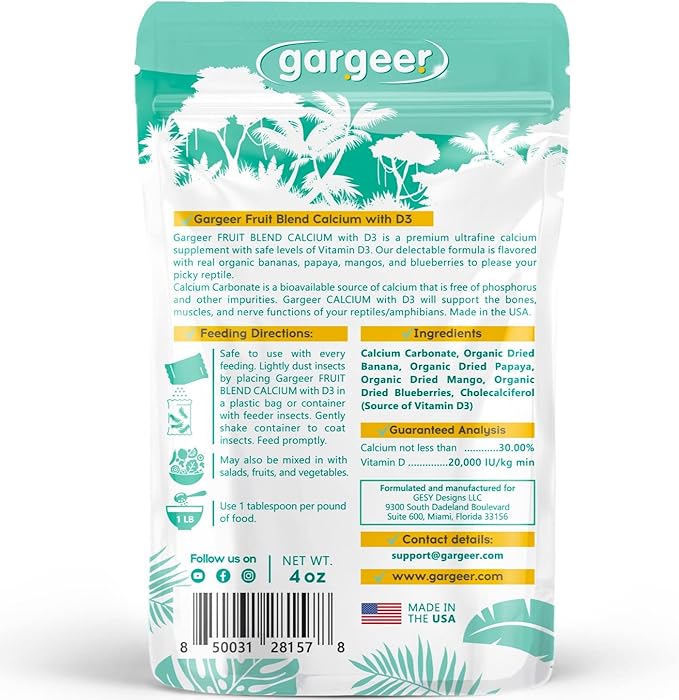 Gargeer 4oz All Reptile Calcium with Vitamin D3, Phosphorus-Free, Ultrafine Powder. Pure dust, Real Fruits Blend Flavored Ready to Use Supplement, for Lizards & Amphibians. Made in the USA. Enjoy !