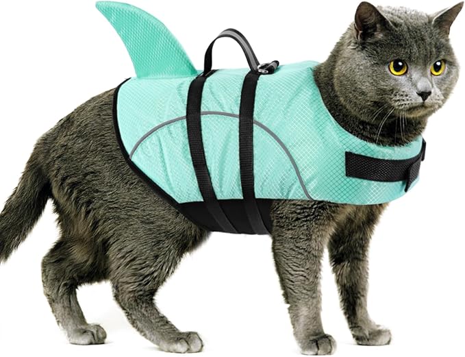 Queenmore Small Dog Life Jacket XXS, Puppy Life Jackets for Small Dogs, Little Dog Life Vest for Swimming/Boating, Cat Life Jacket/Life Vest, Lightweight Shark Pet Water Vest with Handle/Leash Hook