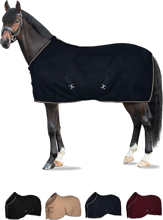 HORZE Kiel Fleece Horse Cooler Blanket | Quick-Dry Fleece Horse Cooler Sheet with X-Surcingles & Tail Cord - Dark Navy - 84 in