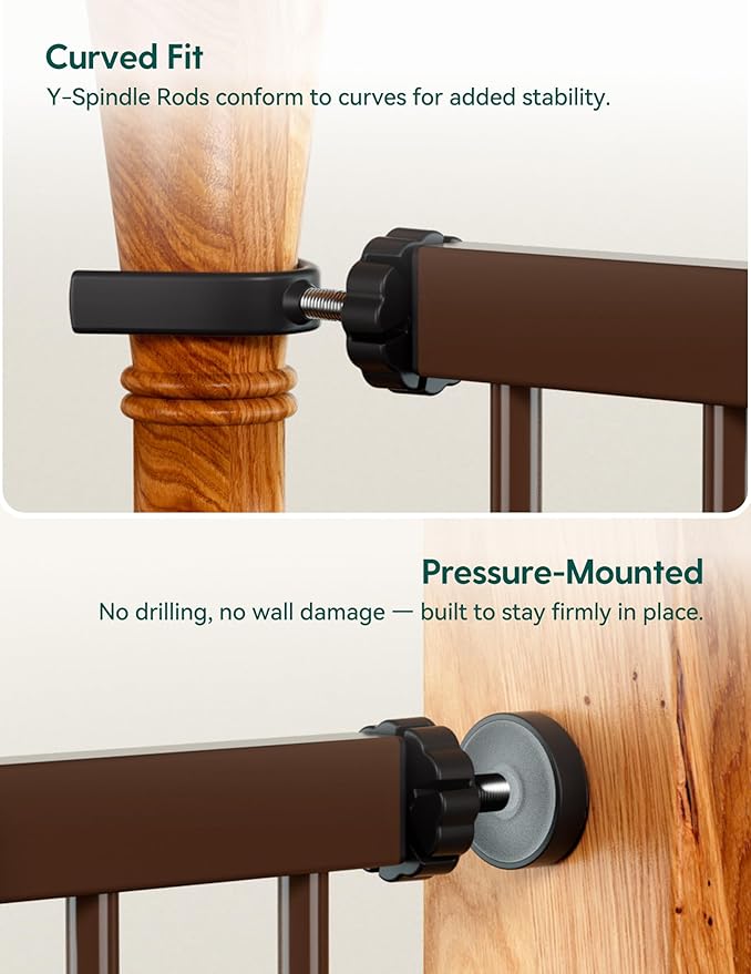 Babelio Metal Baby Gate, PressGuard P7, 29-48" Auto Close Easy Install Pet Gate, Extra Wide Walk Thru Child Safety Gate, Pressure Mounted Dog Gate for Doorways and Stairs, Brown