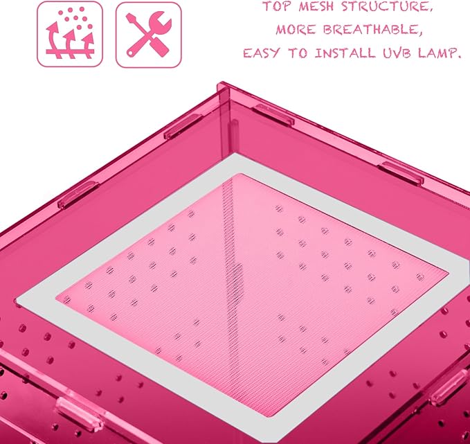 8x8x12 Terrarium Acrylic Reptile Enclosure – Cyberpunk Pink Reptile Tank with Tropical Rainforest-Inspired Design for Crested Geckos & Small Pets
