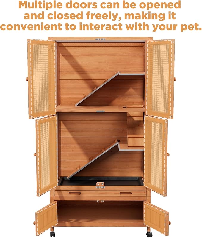 Wooden Hamster Cage, Large Double-Layered Hamster Cage with Storage Area, Deep Pull-Out Tray, and Aesthetically Pleasing and Convenient Magnetic Door Design. (Wood Color)