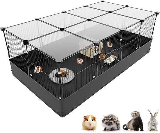 Tresbro Guinea Pig Cage with Waterproof PVC Bottom Liner & One-Hand Release Hook, Triple Fixing C&C Cage for Guinea Pigs, Bunny, Rabbit, Hedgehog, Small Animal Indoor Playpen 48''L x 24''W x 16''H