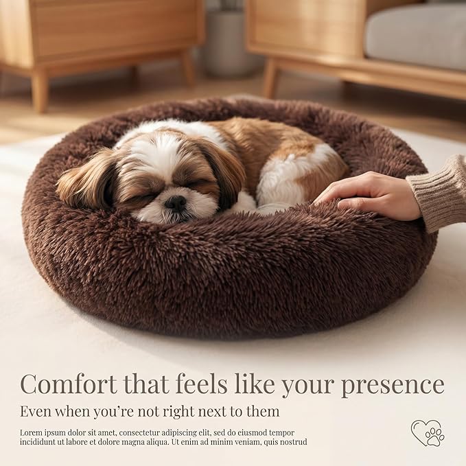 Calming Donut Dogs Beds for Small Dogs Washable,23inch Plush Round Pet Bed for Cozy Sleep,Fluffy Faux Fur Large Cat Bed,Fits up to 25 lbs Pets,Chocolate Brown