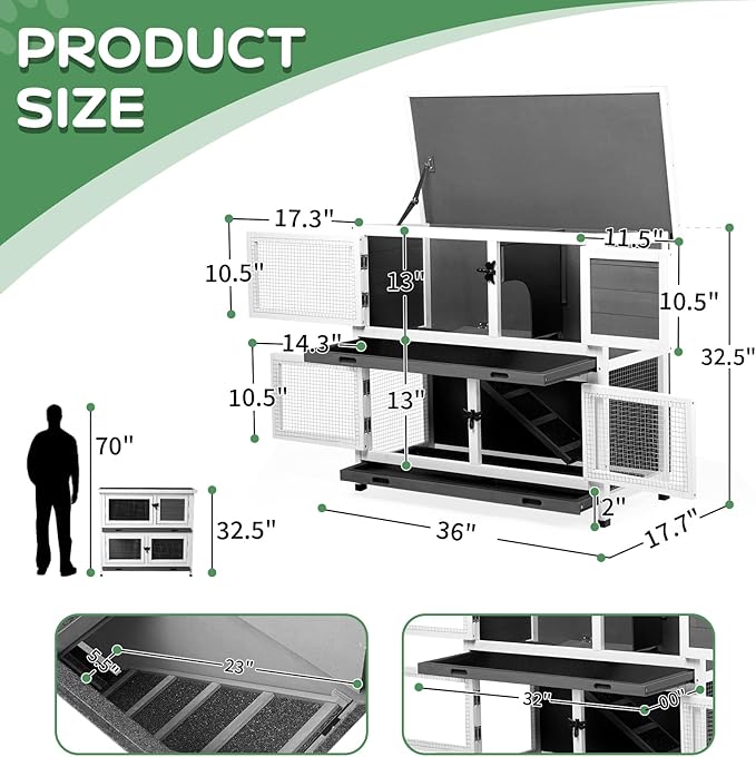 2 Story Rabbit Cage/Guinea Pig Cages,32.7”H Solid Wood Bunny Cage with Pull-Out Trays Waterproof Roof, Indoor Outdoor Rabbit Hutch Guinea Pig Cage Pet House for Small Animals
