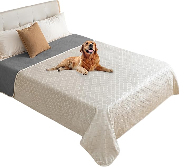 fuguitex Waterproof Dog Blanket Bed Cover Dog Crystal Velvet Moroccan Fuzzy Cozy Plush Pet Blanket Throw Blanket for Couch Sofa(82 * 102 inch, Cream+Grey)