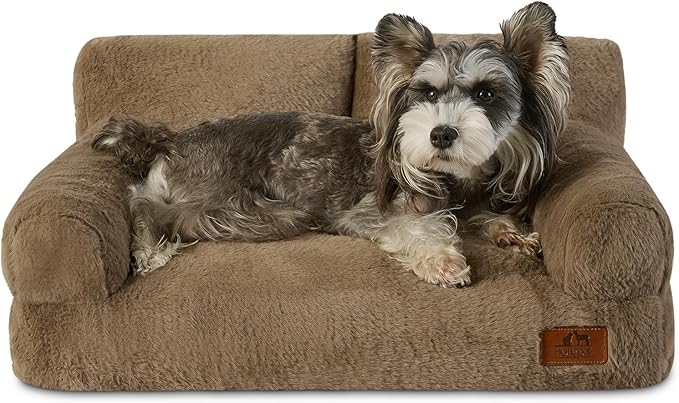 Hollypet Fluffy Dog Cat Bed Pet Couch Beds Plush Soft Warming Washable Puppy Bed for Small Medium Dogs and Large Cats, Dark Brown, 24" L x 18" W x 10" Th