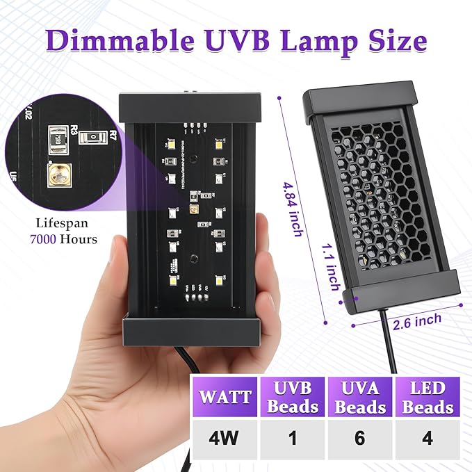 Dimmable uvb Light for Reptiles, 3 Modes Lighting,Adjustable 4, 8, 12 Hour Cycles, 4W LED UVA UVB Reptile Lamp for Bearded Dragon, Turtles, Snake and Lizard