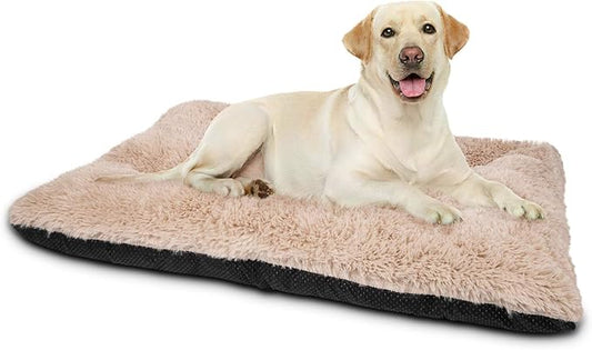 JOEJOY Large Dog Bed Crate Pad, Deluxe Plush Washable Dog Beds Fulffy Soft Kennel Pad Anti-Slip Pet Sleeping Mat for Large Medium Small Dogs, 35" x 23", Beige