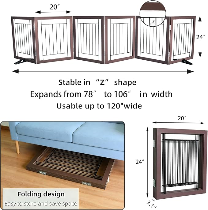 ZJSF Freestanding Dog Gate Indoor, Foldable Dog Fence for Doorways,Hallways or Stairs, Sturdy Wood Extra Wide Pet Gate with Support Feet,Brown,24 "Height-6 Panels