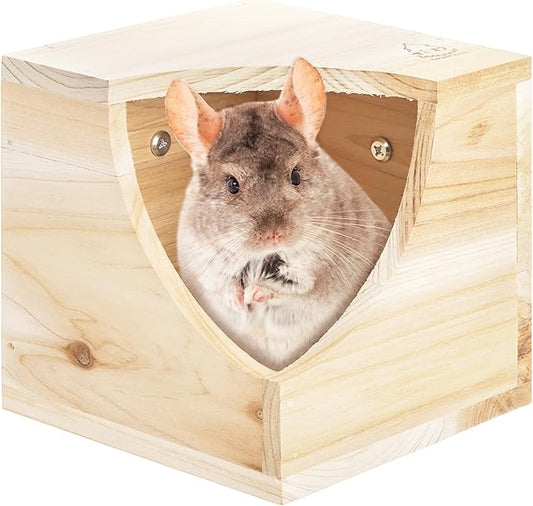Yesland Wood Chinchilla House, Natural Square Small Animal Hideout Hut for Chinchilla, Squirrel, Sugar Gliders in Cage - 6.5 X 6.5 X 6.5 Inches