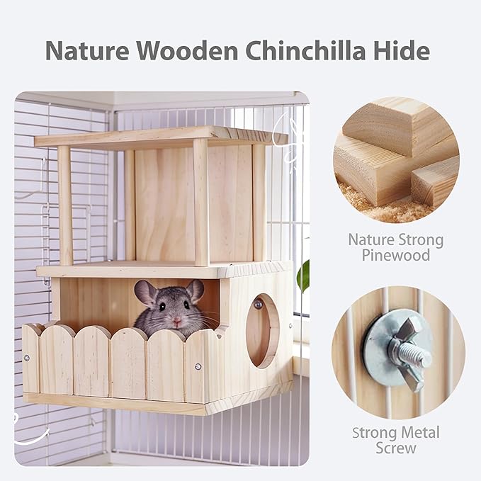 Chinchilla Hideout Wooden Hides for Guinea Pigs, Small Animal Nature Wood House Chinchilla Cage Accessories for Hamster, Squirrel, Sugar Gliders etc (2-Layer)