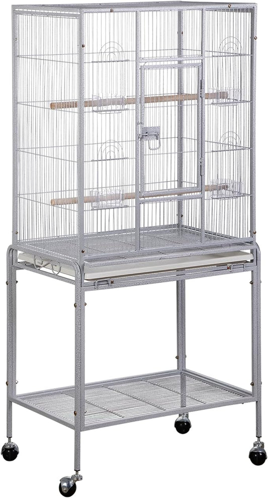 53 Inch Height Wrought Iron Standing Parrot Large Flight Bird Cage with Rolling Stand Birdcages for Parakeet Cockatiel Conure Lovebird Finch, White