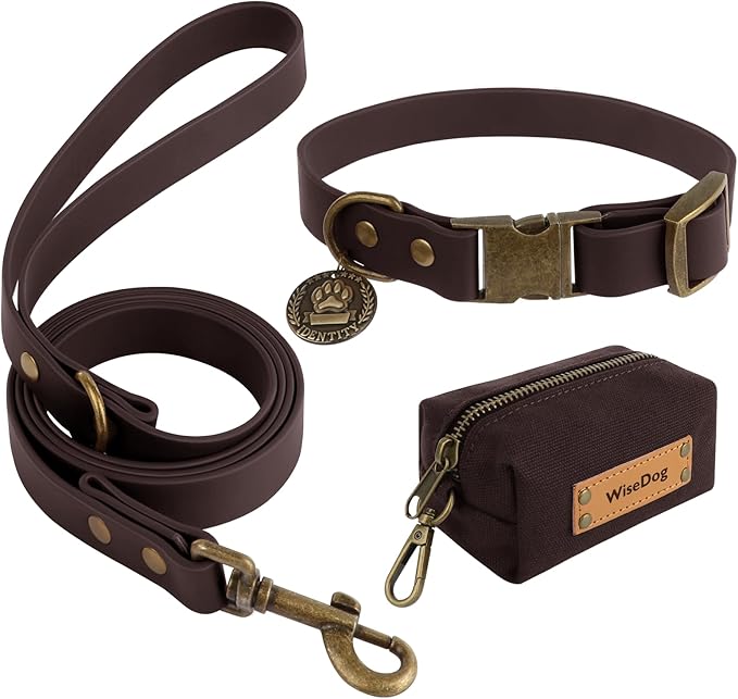 Wisedog Waterproof Dog Collar and Leash Set, Adjustable Puppy Collar with Cute Tag 5FT Dog Leash with Poop Bag for Small Medium Large Dogs (L, Brown)