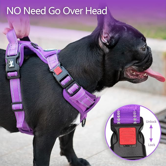 PoyPet No Pull Dog Harness, No Choke Reflective Dog Vest, Adjustable Pet Harnesses with Easy Control Padded Handle for Small Medium Large Dogs(Purple Matching Trim,L)
