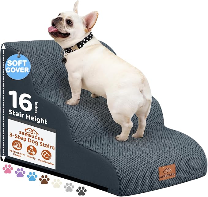 Zerbuger Dog Ramp and Stair for Bed 16" H-20 H,3-Step Cat Stair for Sofa and Chair,4-Step Dog Ramp for High Bed and Window,Durable Nonslip Fabric Cover for Indoor (Dark Grey-16 H, Pet Friendly, 3)