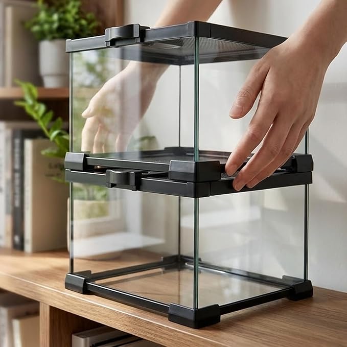 Small Glass Reptile Enclosure,8x8x6 Tarantula Enclosure with Lockable Sliding Screen Top - Full View Insects Breeding Box Small Amphibians Cage for Leopard Gecko, Frog, Hermit Crab, Isopods