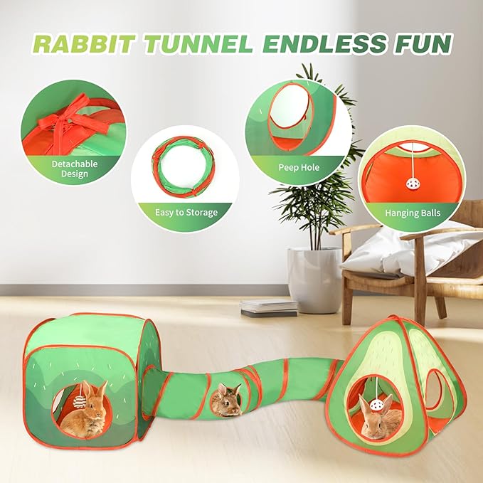 BWOGUE Bunny Tunnels & Tubes Collapsible Rabbit Hideout Tube and Foldable Cubes Playground Small Animal Activity Hideaway for Dwarf Rabbits Bunny Guinea Pigs Kitty (Avocado)