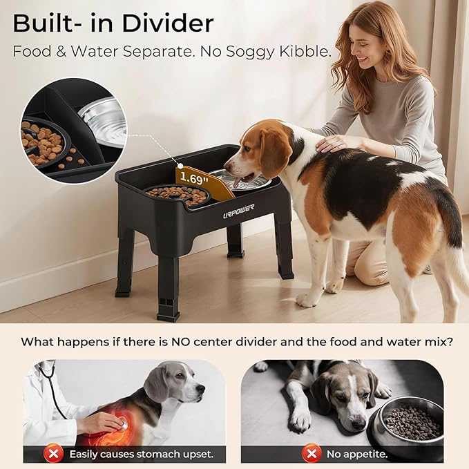 URPOWER Mess Proof Elevated Dog Bowls, High Wall Splash Guard Design, 4 Height Adjustable Raised Bowl Stand, 2 Stainless Steel Bowls, Non-Slip Food Water Set for Small, Medium Dogs