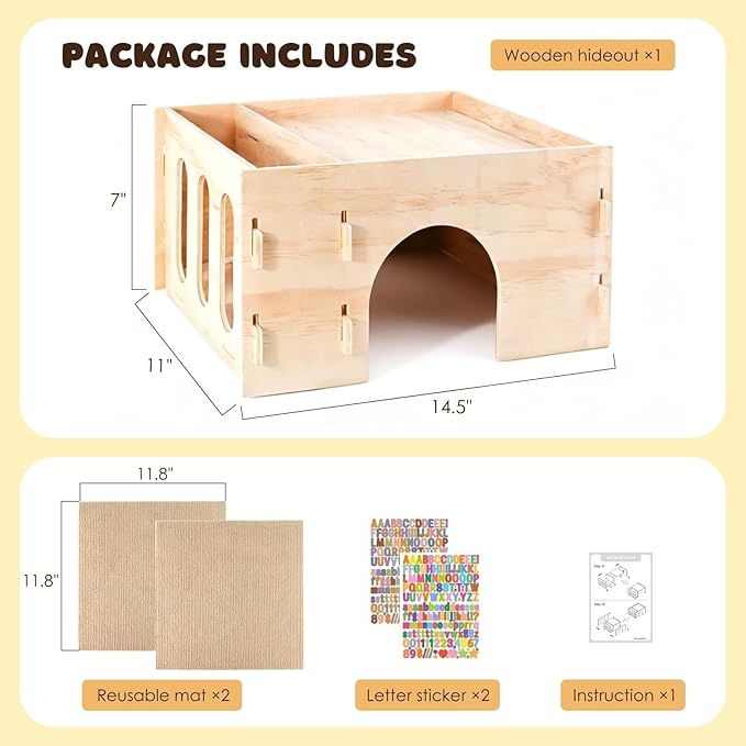 Wooden Guinea Pig Hideout House with Hay Rack - Sturdy Small Animal Habitat Hut for Chinchillas, Hamsters & Small Pets - Includes 2 Reusable Mats & 2 Letter Sticker Sets