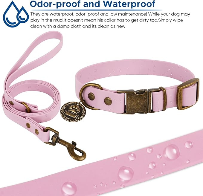 Wisedog Waterproof Dog Collar and Leash Set, Adjustable Puppy Collar with Cute Tag 6FT Dog Leash with Poop Bag for Small Medium Large Dogs (XL, Pale Pinkish Purple)