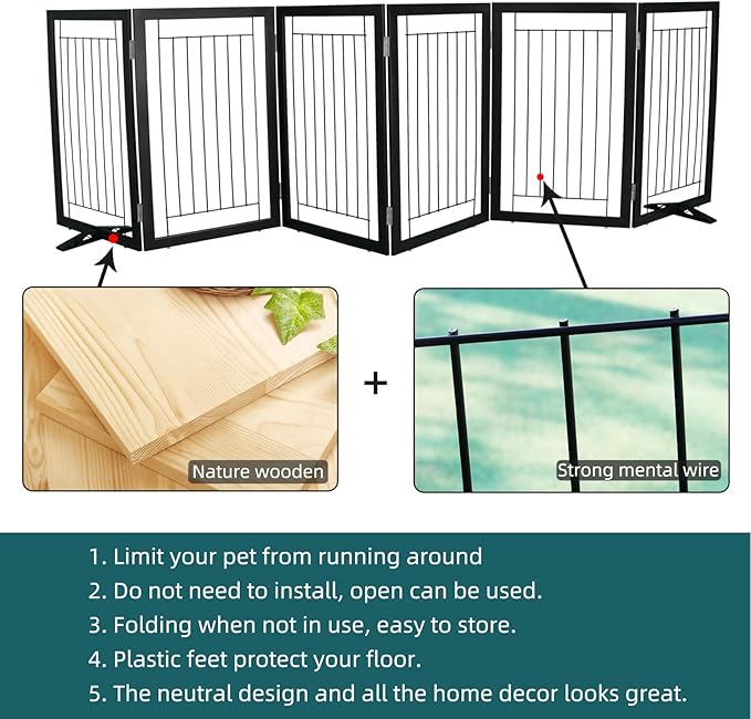 ZJSF Freestanding Dog Gate Indoor, Foldable Dog Fence for Doorways,Hallways or Stairs, Sturdy Wood Extra Wide Pet Gate with Support Feet,Black,32 "Height-6 Panels