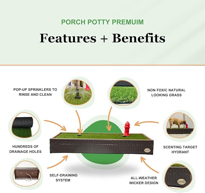 Porch Potty Premium with Spinklers, Outer Dimensions 26" x 50" x 7", Grass Area 8 Square Feet (4' x 2')