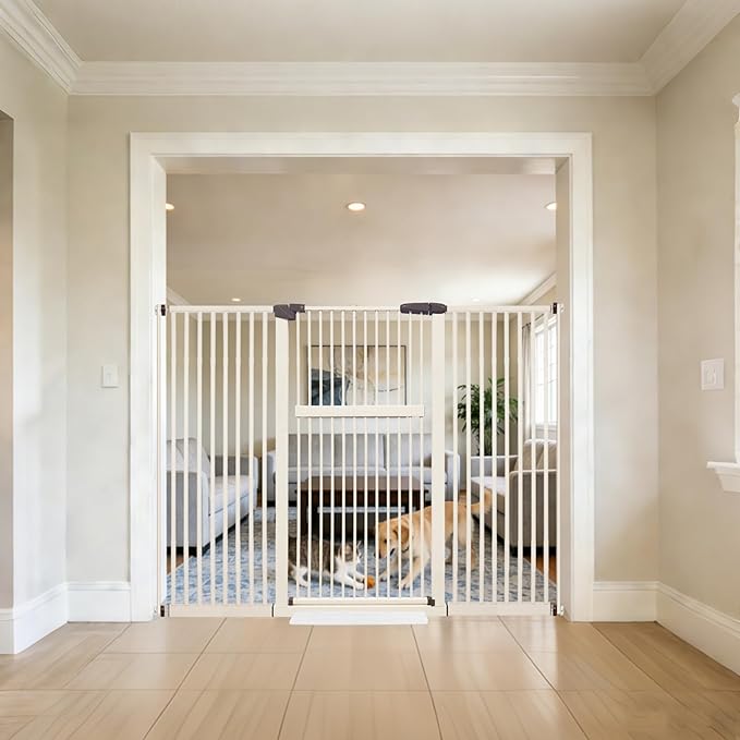 Lumizone Extra Tall Pet Gate 55.12" High Pressure Mounted 63.39"-67.90" Extra Wide (9 Sizes) 1.37" Gap for Cat Dog Stairs Doorway Hallway No Drilling Auto-Close (63.39"-67.90" W, Cream White)